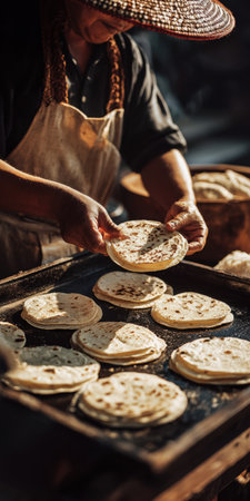 Woman's hands cooking and stacking fresh homemade tortillas on a hot griddle, showcasing traditional Mexican street food preparation and local culinary cultureの素材