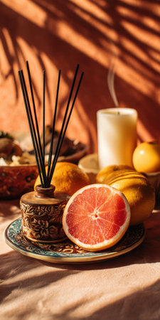 Still life arrangement featuring a reed diffuser, half grapefruit, whole citrus fruits, and a lit candle, creating a relaxing ambiance with warm morning light and palm leaf shadowsの素材