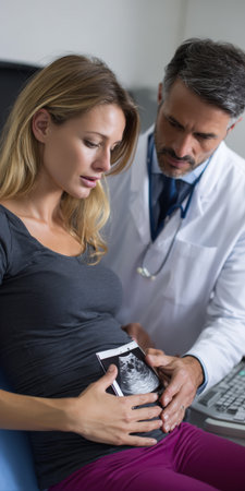 Pregnant woman examining ultrasound with concern as doctor points to her belly during prenatal consultation in a clinic, conveying care, communication and expectant parenthoodの素材