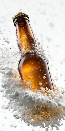 Amber beer bottle emerging from a dynamic splash of white foam and carbonated bubbles, symbolizing refreshment, coolness, and a crisp drinking experienceの素材