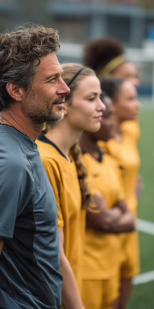 Soccer coach and women's national team standing in lineup on the field, focused and united, showing leadership, teamwork and determination as they prepare for match or tournamentの素材
