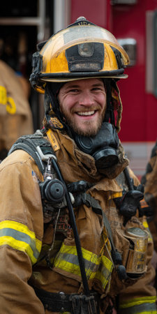 Young male firefighter wearing a yellow helmet, brown protective uniform, and respirator, smiling while on duty with a fire truck visible in the backgroundの素材