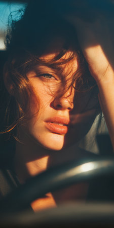 Woman's face captured in a close-up portrait, highlighting her intense expression as dappled sunlight and deep shadows contrast on her features, revealing texture and depthの素材