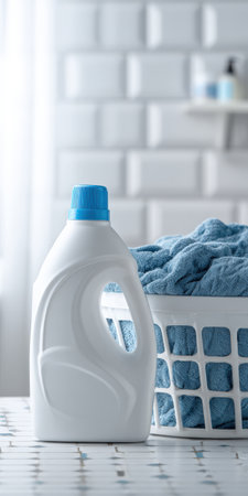 Plastic bottle of laundry detergent cleaning product with a blue cap next standing to a white laundry basket filled with clean blue towels, ready for household choresの素材