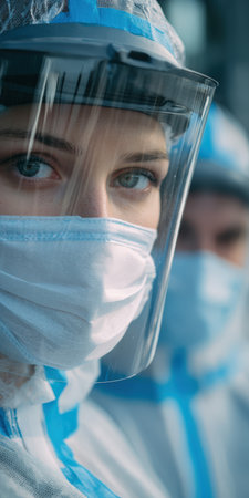 Medical worker wearing a face shield and mask looking forward with another professional in protective gear standing behind, symbolizing dedication and resilience in healthcareの素材