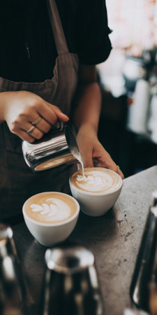 Barista's hands meticulously pouring steamed milk from a pitcher into a white coffee cup, skillfully crafting intricate latte art for two delicious cappuccinos on a counterの素材