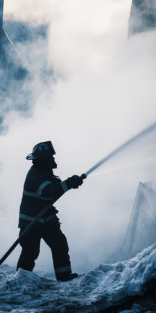 Firefighter fighting blaze amid heavy smoke and debris, hosing down scene during emergency response; side silhouette in cold blue monochrome, urgent rescue operationの素材