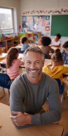 Male teacher with a genuine smile looking at the camera, representing education, learning and school, while diverse young students are studying in the backgroundの素材