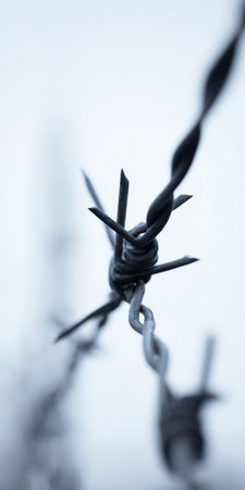 Barbed wire strand with sharp spikes and selective focus on a single barb, illustrating concepts of restriction, security, border, freedom, and protection against a blurred, cold backgroundの素材