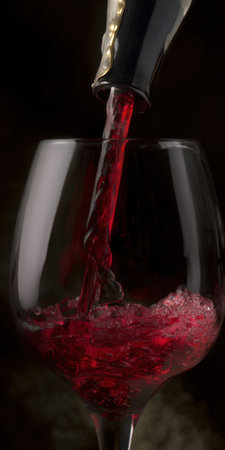 Red wine from a bottle neck pouring vertically into a clear wine glass, creating splashes and bubbles; celebrating tradition, elegance, and beverage enjoyment with alcoholの素材