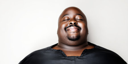 Black man with a goatee and bald head smiling with eyes closed, experiencing a moment of pure bliss and tranquility while embracing happiness in a studio portraitの素材