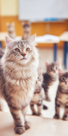 Cat mother with luxurious fur leading a group of small tabby kittens, walking through a classroom with blurred desks and a whiteboard in the backgroundの素材
