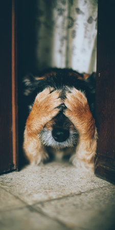 Dog covering its face with paws, peering between its digits, embodying shyness, shame, and fear, seeking comfort in a small space between two door framesの素材