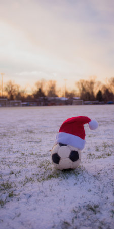 Soccer ball wearing a red santa hat standing on a snow-covered sports field with green grass peeking through. Against a soft. Colorful winter sky. Symbolizing holiday sports and winter game enthusiasmの素材