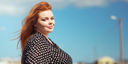 Attractive plus size redhead woman smiling confidently, posing outdoors on a sunny day with her hair softly blowing, wearing a polka dot top against a clear blue skyの素材