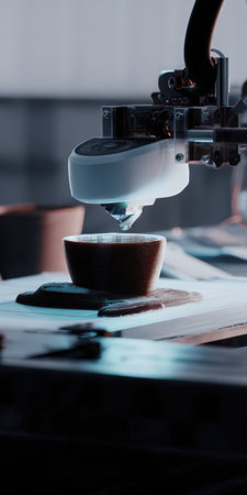 3d printer nozzle extruding material, building a brown, cup-like object layer by layer on a white surface, showcasing additive manufacturing and industrial innovationの素材