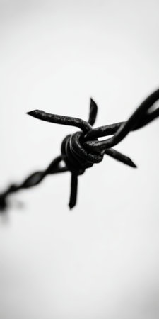 Barbed wire strand showing sharp barbs and a rusty texture against a bright, monochrome background, evoking themes of restriction, security, and boundariesの素材
