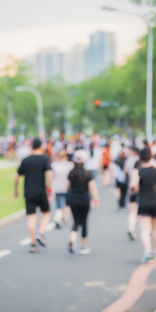 Blurry crowd participating in an active outdoor event, running or walking through a city park with green trees and buildings visible in the soft background, representing health and wellnessの素材