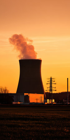 Large nuclear power plant cooling tower silhouetted against a vibrant orange sunset sky, releasing steam into the atmosphere, symbolizing energy production and environmental impactの素材