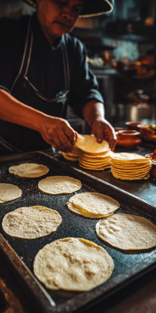 Chef hands skillfully preparing a stack of fresh corn tortillas on a traditional comal, showcasing authentic mexican food preparation in a rustic kitchen settingの素材