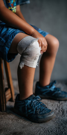 Young boy sitting indoors with a bandaged knee, winning in pain after a fall; childhood accident highlighting injury, discomfort and need for care or treatmentの素材
