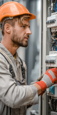 Electrician worker wearing a hard hat and protective gloves working on a large industrial electrical panel, performing maintenance and ensuring safety in a professional settingの素材