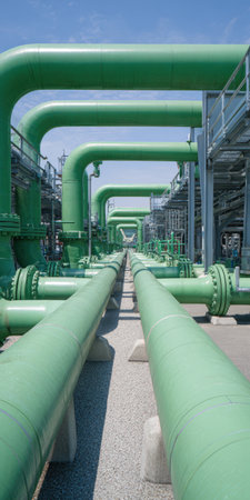 Industrial green pipeline network stretching into the distance with valves and fittings, highlighting energy infrastructure and transport systems at a modern processing plant under clear blue skyの素材