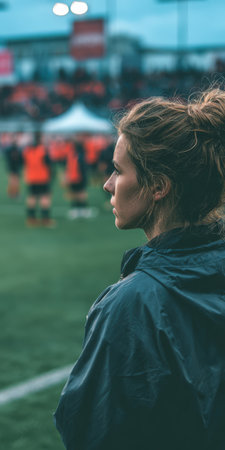 Young woman with hair in a bun watches a soccer match from stadium bleachers in profile, intensely focused and absorbed in the game, emotion and concentration visibleの素材