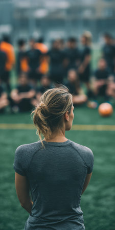 Woman coach standing on a green sports field, facing a blurred group of soccer players sitting in a circle during a training session, demonstrating leadership and teamworkの素材