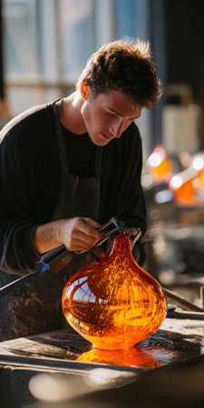 Skilled craftsman carefully working on a glowing orange glass vase, applying traditional glassblowing techniques to create a unique piece of art in a professional studio environmentの素材