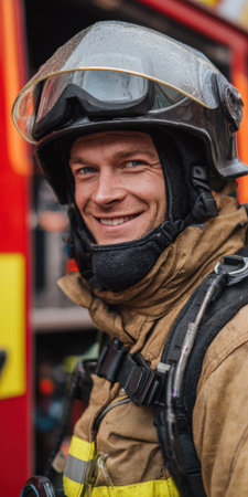 Firefighter man in helmet and protective gear smiles confidently for a portrait by his vehicle, conveying courage, dedication and readiness as a first responder and essential workerの素材