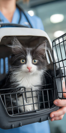 Veterinarian carrying a cute tuxedo kitten in a travel carrier, bringing the pet to an animal clinic for check-up and health care services, symbolizing animal well-beingの素材