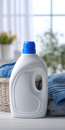 White plastic bottle of laundry detergent with a blue cap standing next to a wicker basket filled with clean linen, representing household chores and fresh clothesの素材
