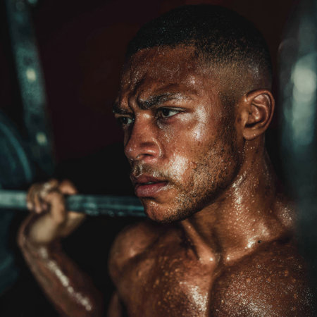 Young athletic man with a determined expression working out at the gym, his face and body covered in sweat from intensive weightlifting, showing dedication to fitnessの素材