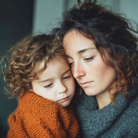 Mother embraces her young child, providing comfort and emotional support during a moment of sadness and worry, featuring strong family bonds and intimacyの素材