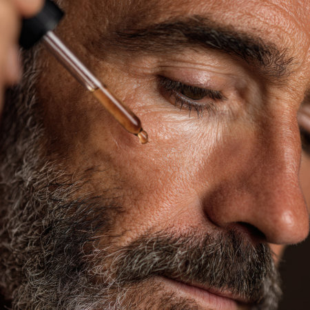 Mature man taking care of his skin, carefully applying an anti-aging serum with a dropper to his cheek, emphasizing self-care and men's grooming routine for healthy, aging skinの素材