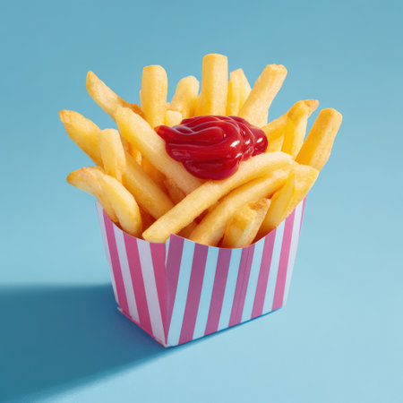 Golden French fries, deeply fried and salted, filling a pink and white striped paper box with a dollop of red ketchup on top, placed on a blue backgroundの素材