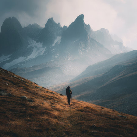 Backpacker treks along a grassy trail enjoying the solitude and vastness of a rugged mountain range, finding adventure and exploration in this serene, atmospheric natural landscapeの素材