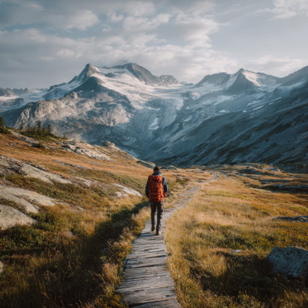 Hiker walking on a wooden boardwalk trail through an alpine meadow towards snow-capped mountains and a glacier, symbolizing adventure, journey, and exploration in natureの素材