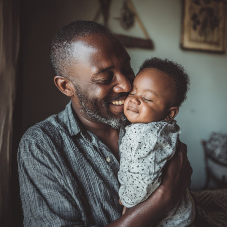 African American father tenderly embracing his sleeping infant baby, eyes closed, both smiling subtly, sharing a moment of pure happiness and strong family bond at homeの素材