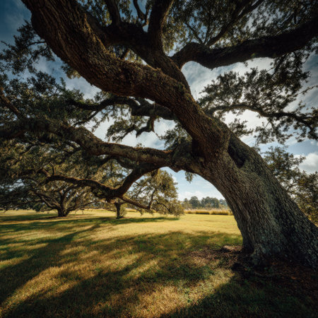 Sprawling live oak branches draped with moss cast deep shadows across a sunlit green field, framed by distant trees and a clear blue sky for a tranquil, pastoral sceneの素材