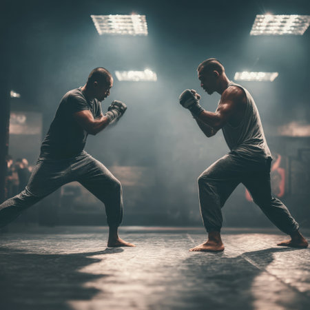 Two male fighters training boxing or mixed martial arts in a dark, smoky gym under bright overhead lights, showcasing strength, discipline, and competitive spiritの素材