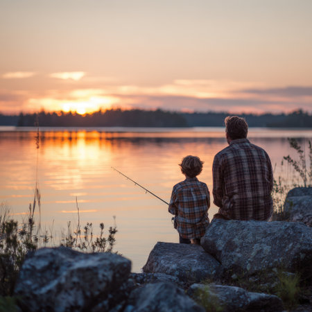 Father and son sitting by a tranquil lake, sharing a peaceful moment while fishing during a warm sunset, symbolizing family bonding and outdoor relaxationの素材