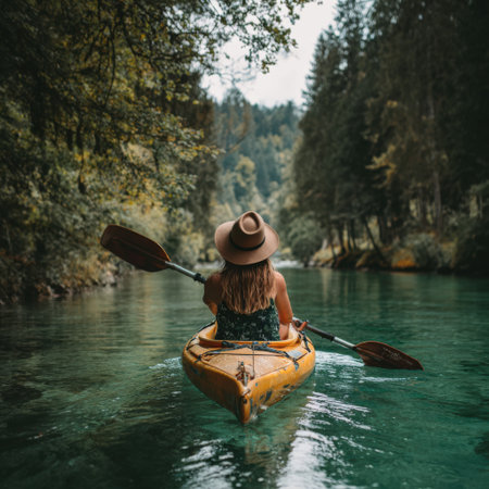 Woman paddling a yellow kayak through crystal clear turquoise water, surrounded by dense green forest, enjoying a peaceful outdoor adventure and connection with natureの素材