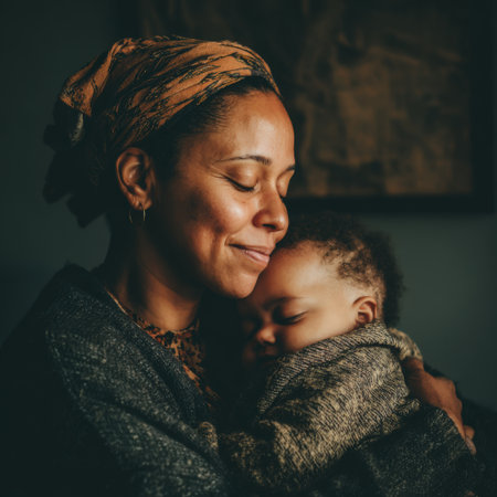 Mother holding her sleeping baby close, sharing a tender, peaceful moment of love and security that captures the bond of motherhood and warm family connectionの素材