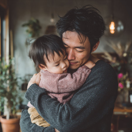 Asian father tenderly embraces his young child with eyes closed, conveying deep parental love, trust and cozy family bonding in an intimate, peaceful momentの素材