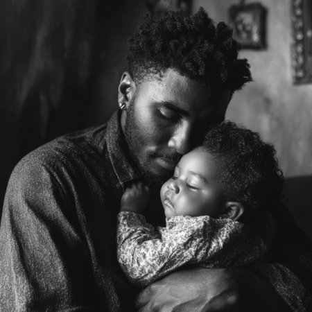 African american father gently holding his sleeping infant child in a close embrace, showing a deep connection and the tenderness of family love in black and whiteの素材