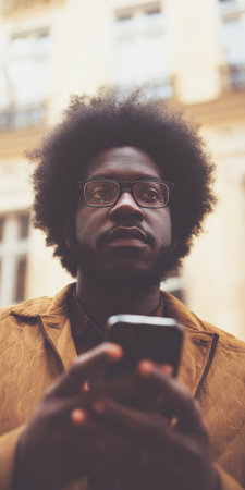 Young black man with glasses and tan jacket holds a smartphone and looks up thoughtfully on a city street, conveying concentration, connection and modern urban lifeの素材