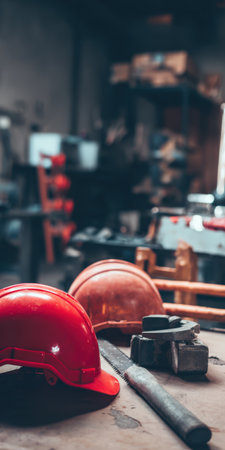 Red and orange hard hats with a saw symbolizing safety and tools on a wooden surface inside a workshop, reflecting ongoing construction or industrial workの素材