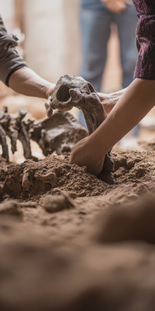 Hands carefully unearthing a dinosaur skull and skeleton from a sandy environment, representing the exciting process of paleontological discovery, education, and scientific researchの素材